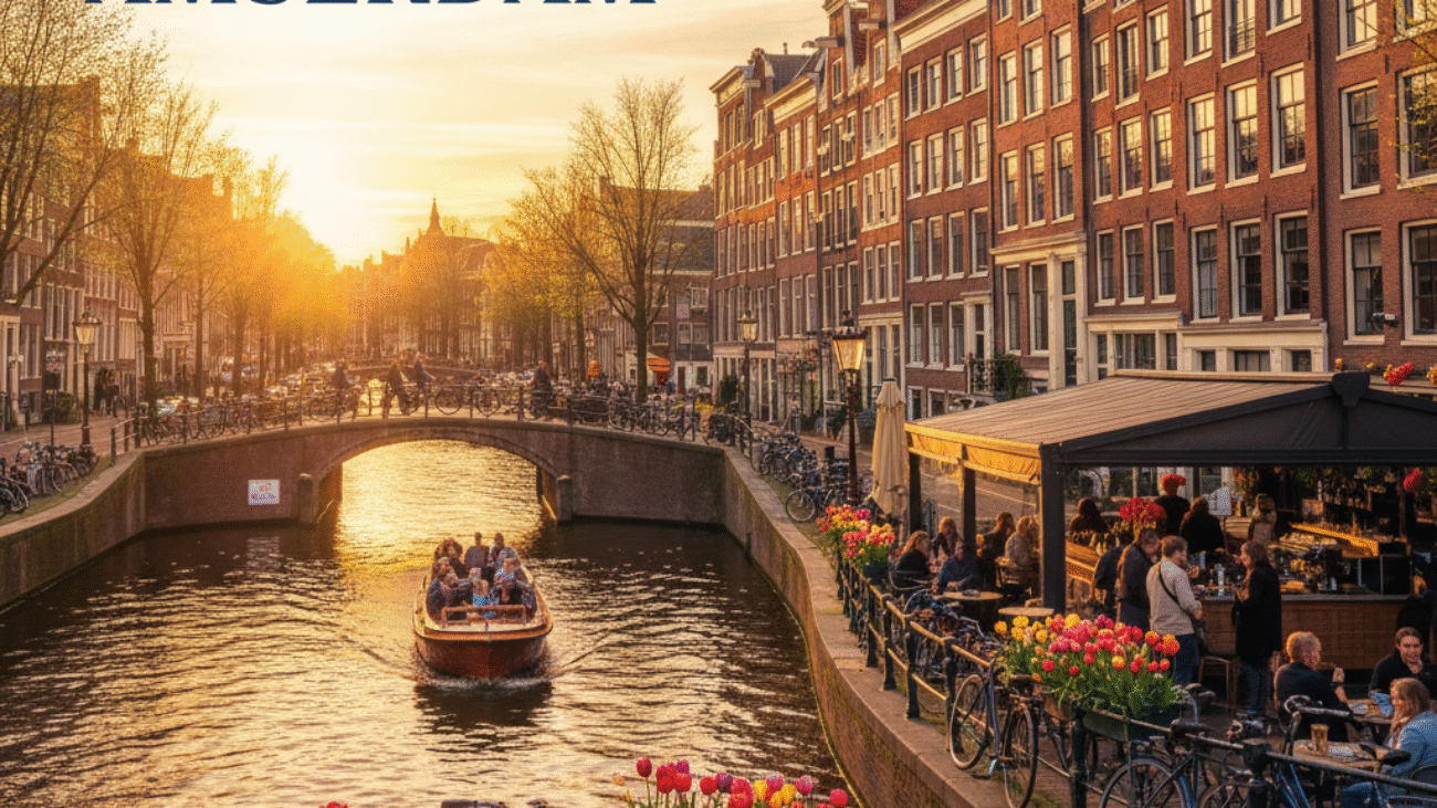 Amsterdam canal at sunset with bikes, tulips, boats, and locals enjoying lively cafés and city life.