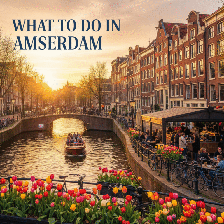 Amsterdam canal at sunset with bikes, tulips, boats, and locals enjoying lively cafés and city life.