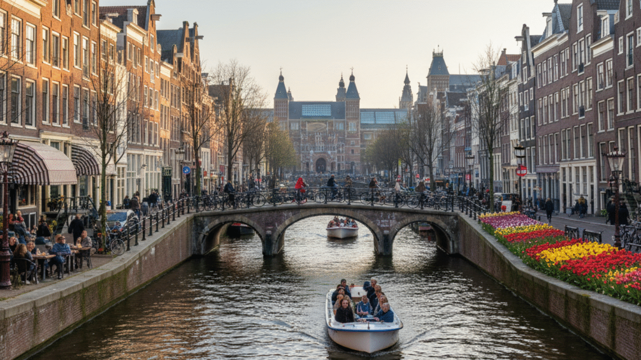 alt_text Lively Amsterdam canal with historic houses, tulips, cyclists, outdoor cafés, and famous museums.