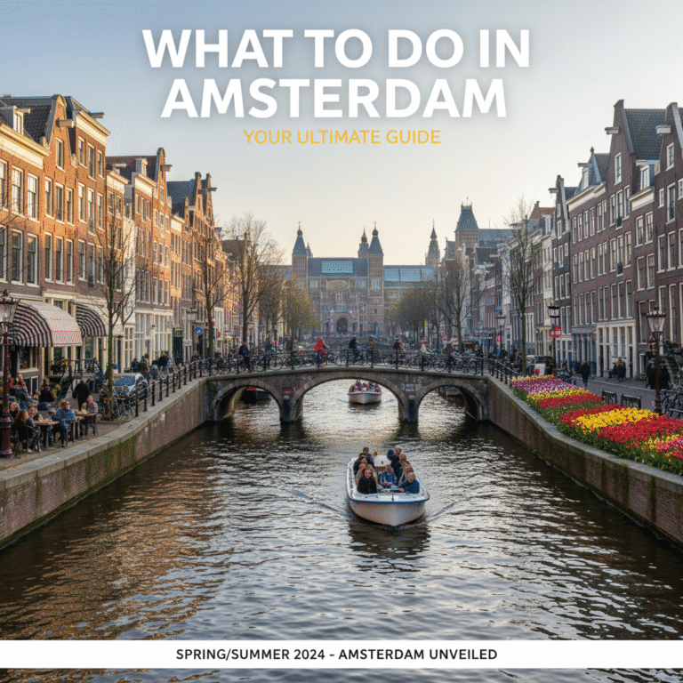 alt_text Lively Amsterdam canal with historic houses, tulips, cyclists, outdoor cafés, and famous museums.