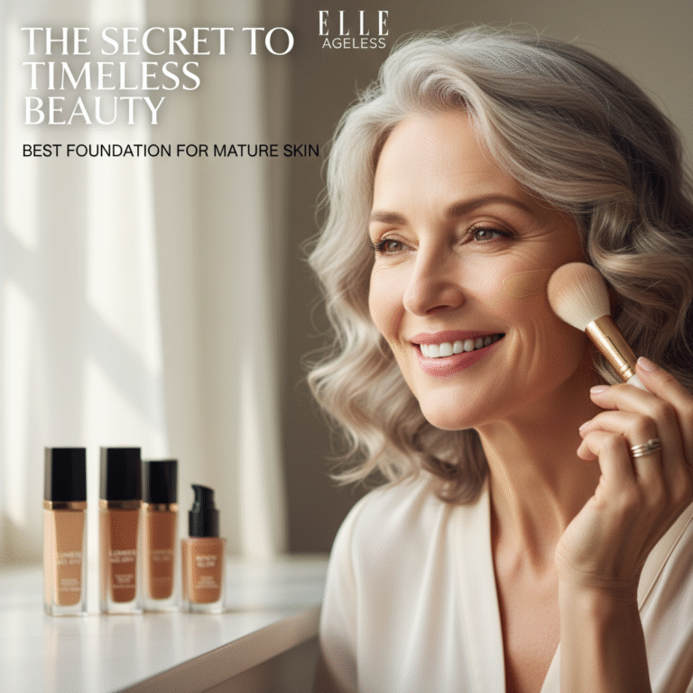 Elegant mature woman applies foundation, radiant skin glowing; foundation bottles in background.