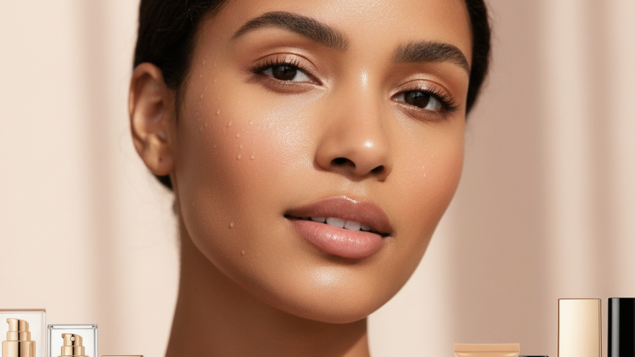 Best Foundation for Dry Skin: Dewy-faced model, glowing skin, and luxe and budget foundations on display.