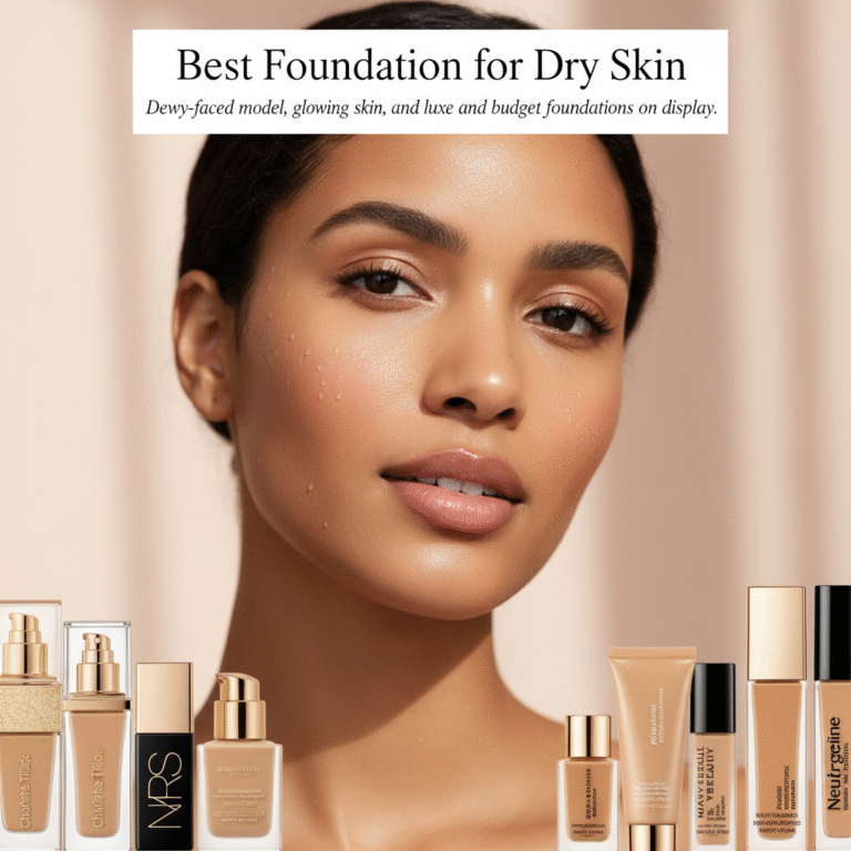 Best Foundation for Dry Skin: Dewy-faced model, glowing skin, and luxe and budget foundations on display.