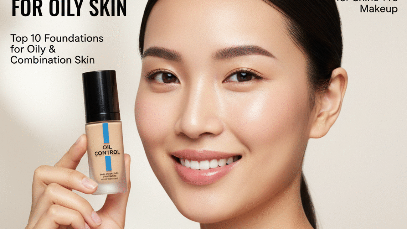 Confident woman with clear matte skin holding "Oil Control" foundation on a modern beauty magazine cover.