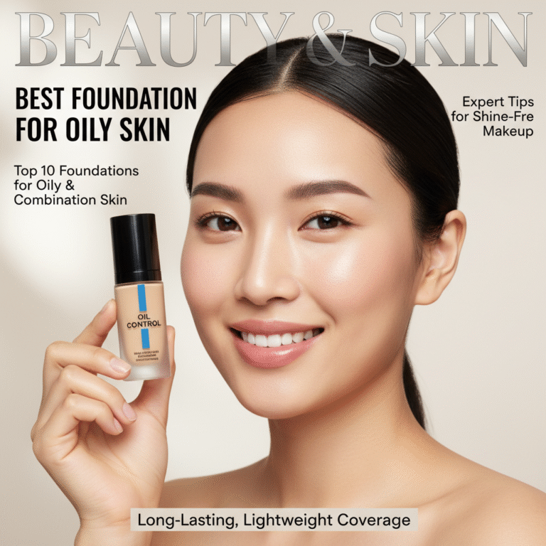 Confident woman with clear matte skin holding "Oil Control" foundation on a modern beauty magazine cover.
