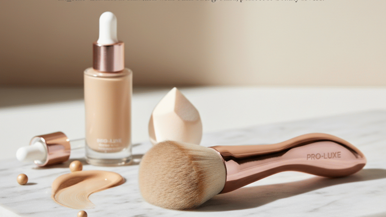 alt_text Luxurious foundation brush with accessories on a clean background, perfect for beauty lovers.