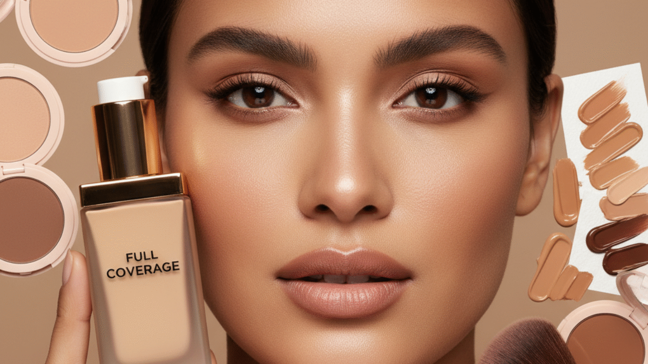 alt_text: Confident woman with radiant skin holds "Full Coverage" foundation, surrounded by diverse swatches.