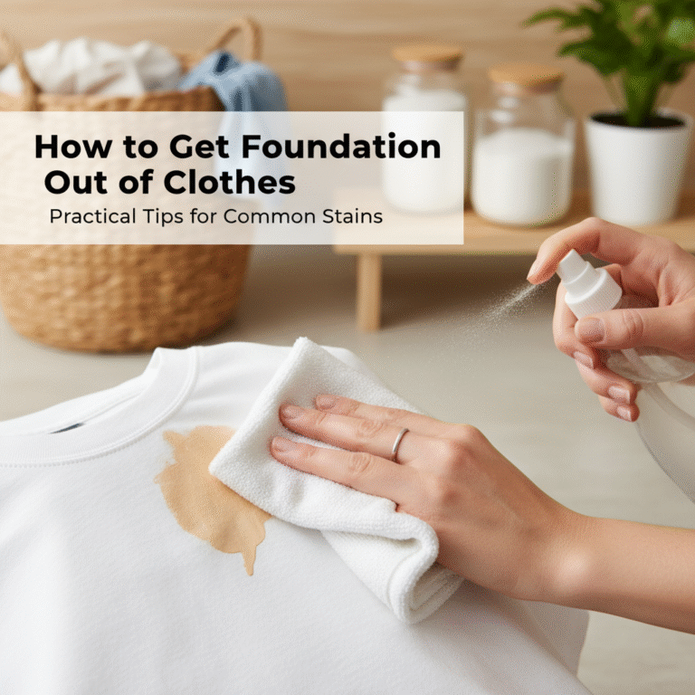 Removing a foundation stain from a white shirt with a cloth and cleaner in a cozy laundry setting.
