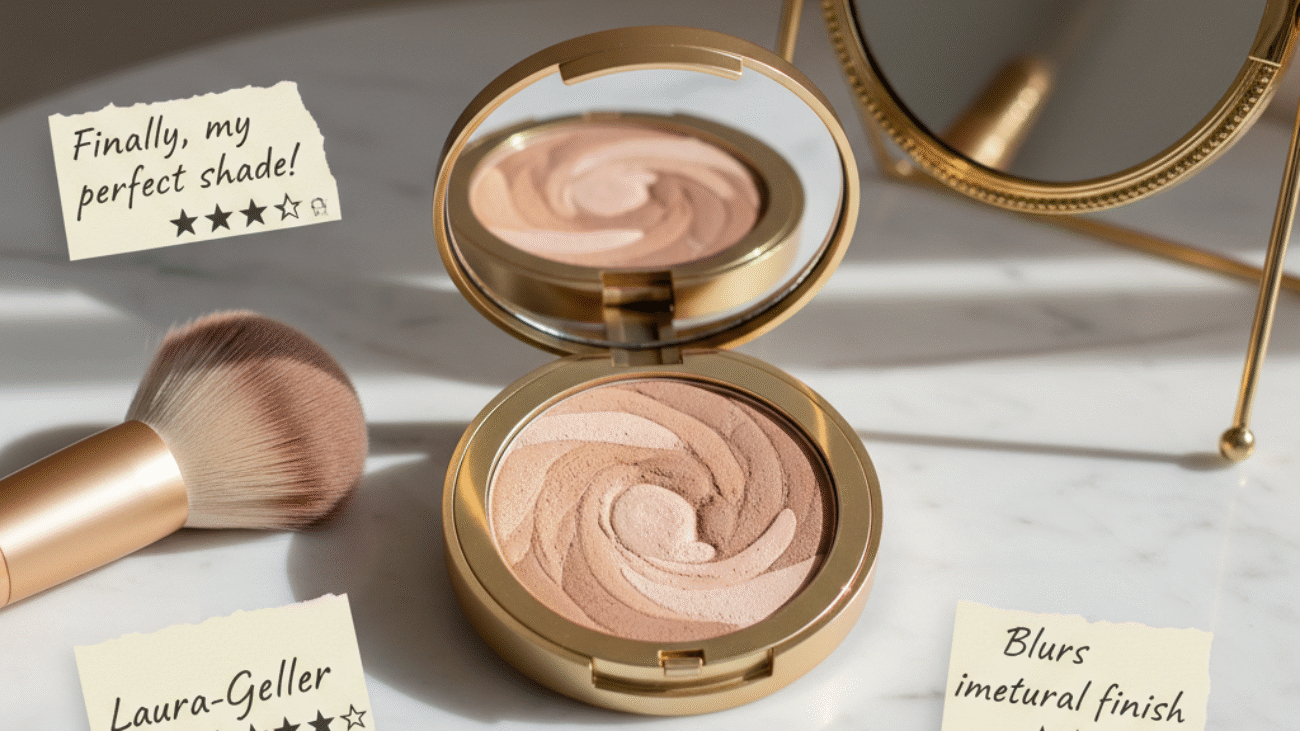Laura Geller Balance-n-Brighten compact with reviews, stars, and accessories on a soft, neutral background.
