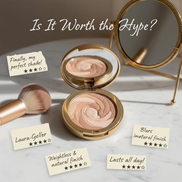 Laura Geller Balance-n-Brighten compact with reviews, stars, and accessories on a soft, neutral background.