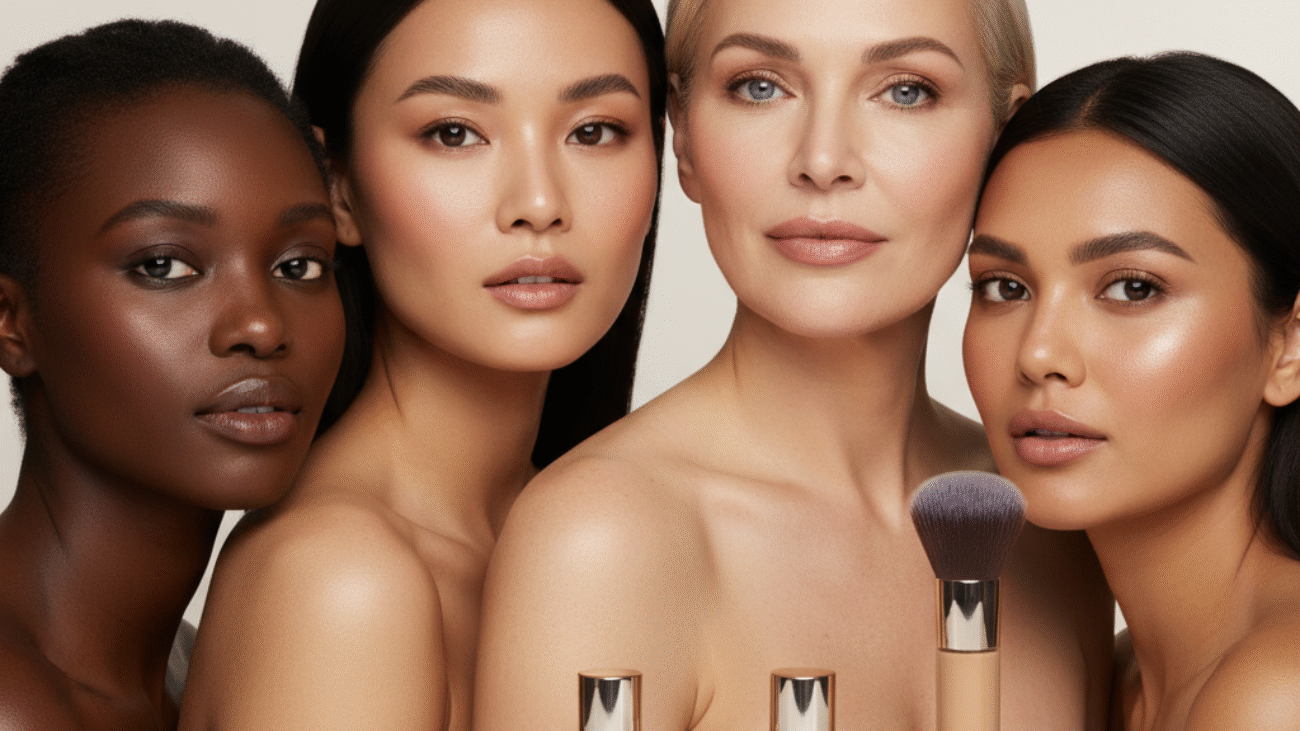 alt_text Diverse women with flawless skin showcase top coverage foundations on a sleek, elegant beauty magazine cover.