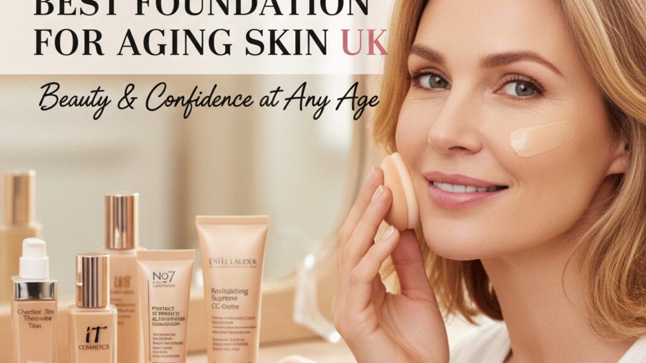 Mature woman applying foundation, glowing skin, UK foundations displayed, beauty and confidence at any age.