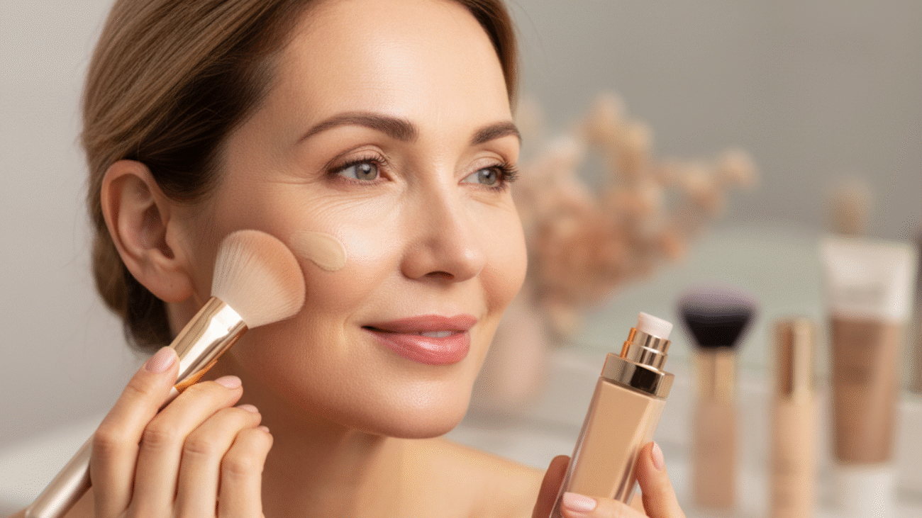alt_text Confident woman over 50 with glowing skin applies foundation, showcasing radiant mature beauty.