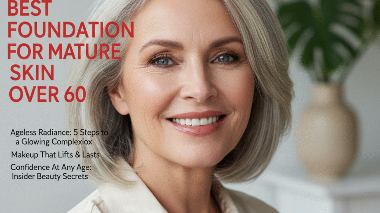 Confident older woman on magazine cover highlights glowing skin and best foundations for mature beauty.