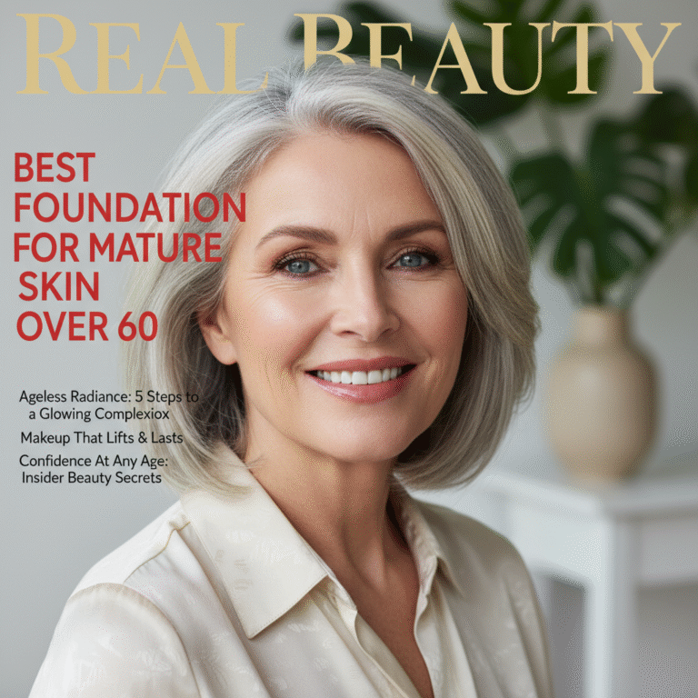 Confident older woman on magazine cover highlights glowing skin and best foundations for mature beauty.