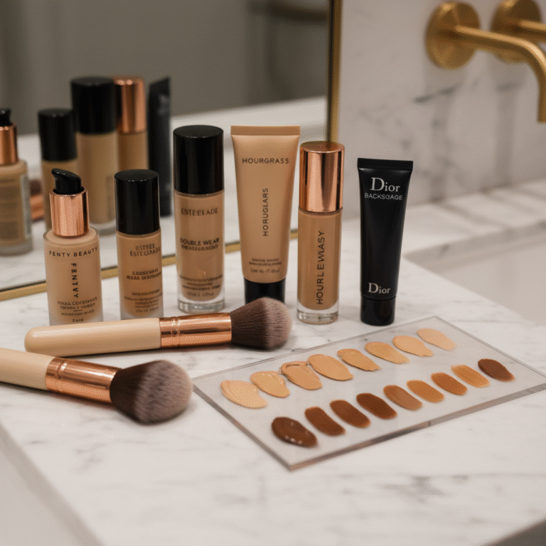 Luxurious full coverage foundations in diverse shades with brushes on marble, glowing in elegant light.