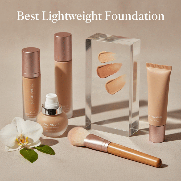 alt_text A fresh, modern display of sleek foundations and soft swatches, showcasing lightweight beauty essentials.