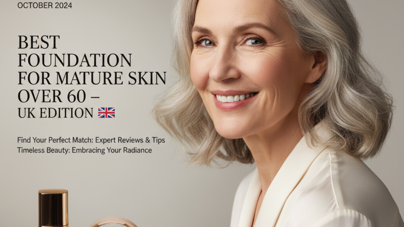 Elegant mature woman smiling on a magazine cover with makeup products and headline on foundation for over 60s.