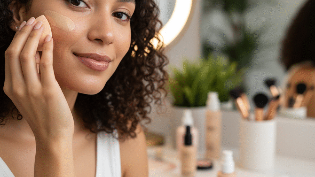alt_text A woman applies liquid foundation with a sponge, showing glowing skin and a warm, inviting vanity setting.