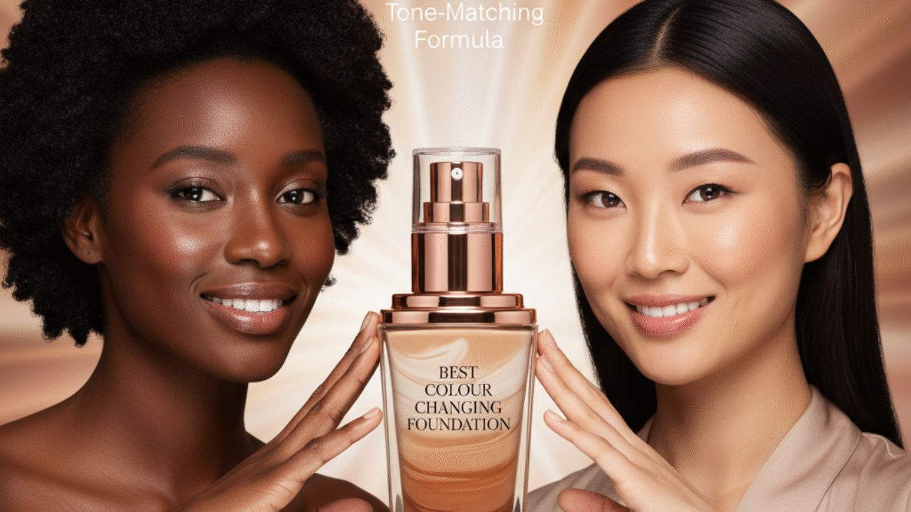 alt_text Elegant magazine cover featuring diverse models and a color-changing foundation bottle for every skin tone.
