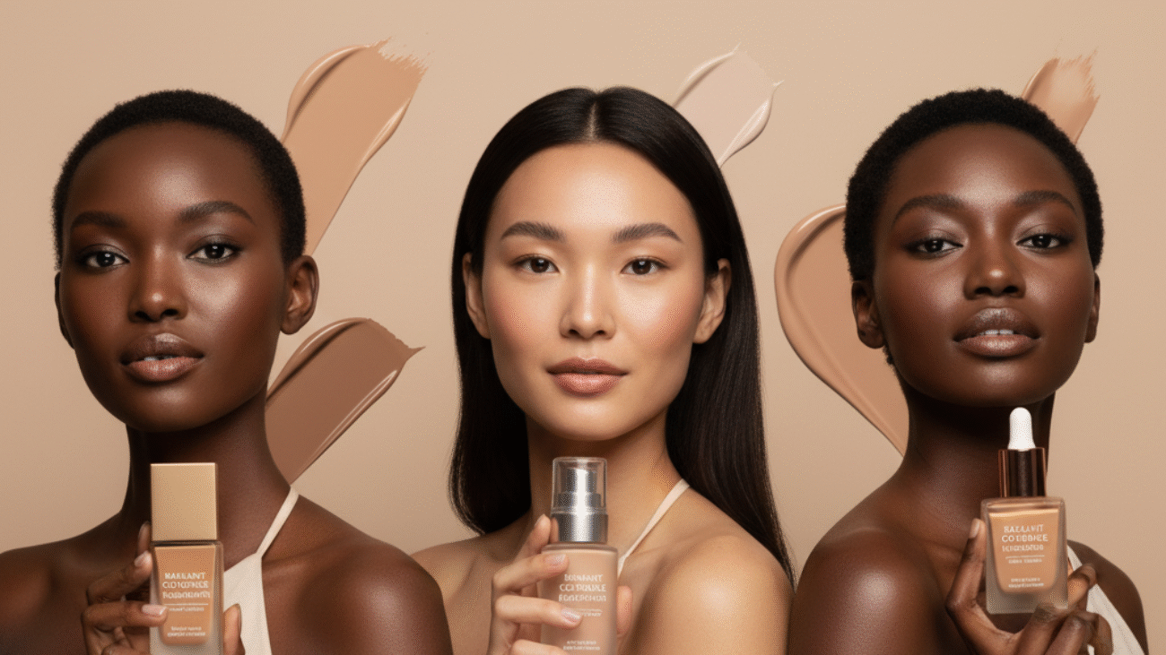 alt_text Three diverse women with flawless skin hold foundation bottles against a chic, softly-lit beige background.