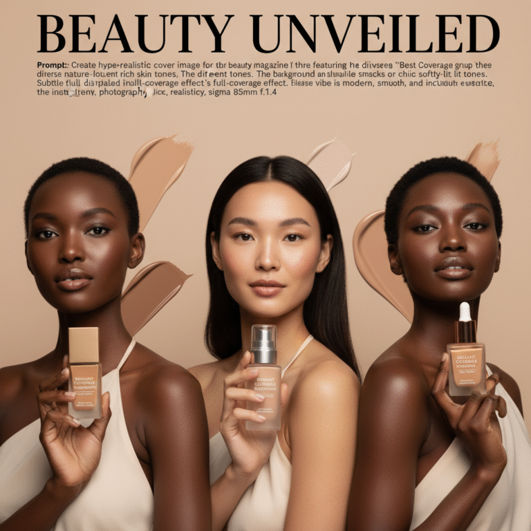 alt_text Three diverse women with flawless skin hold foundation bottles against a chic, softly-lit beige background.