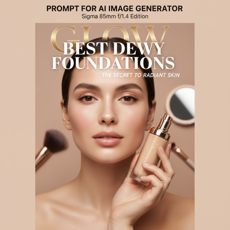 Elegant woman with glowing, dewy skin holds foundation on a chic magazine cover for radiant beauty.