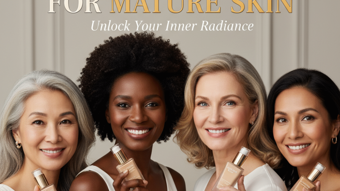 Diverse mature women display top foundations for radiant skin; elegant, minimal magazine beauty cover.