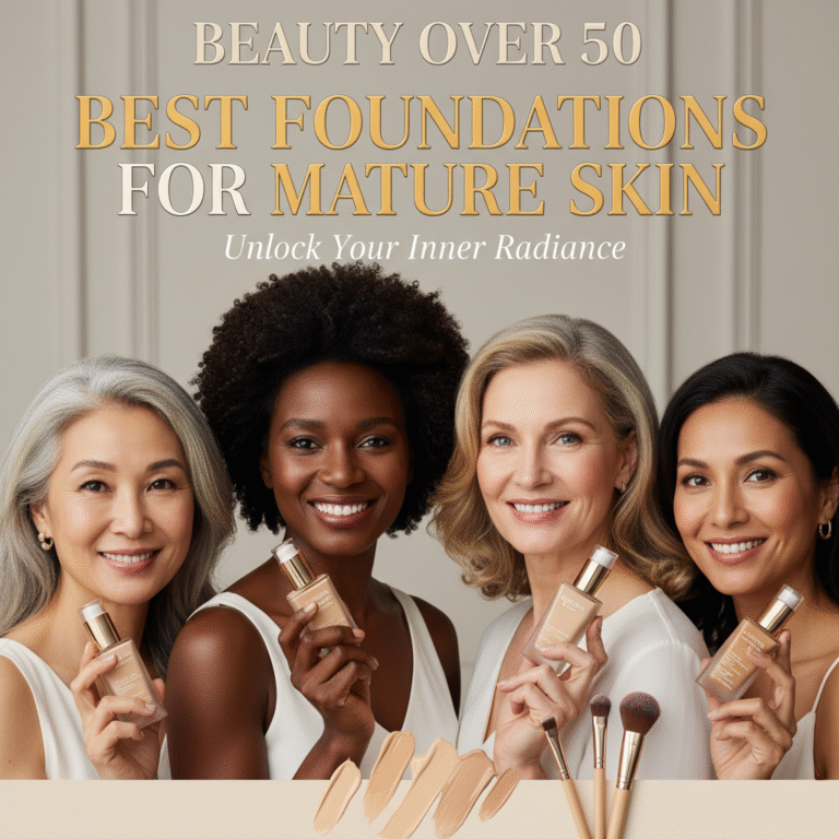 Diverse mature women display top foundations for radiant skin; elegant, minimal magazine beauty cover.