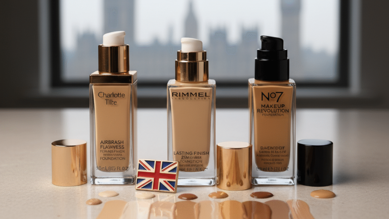 alt_text Flat lay of UK foundation bottles, diverse swatches, and subtle British details on a chic vanity.