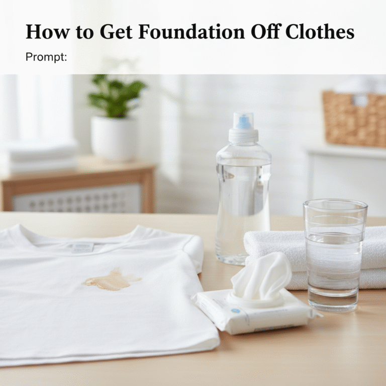 White shirt with a foundation stain, surrounded by cleaning items like detergent and a towel.