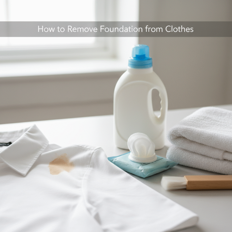 How to Remove Foundation from Clothes: Stained collar with cleaning tools on bright, clean background