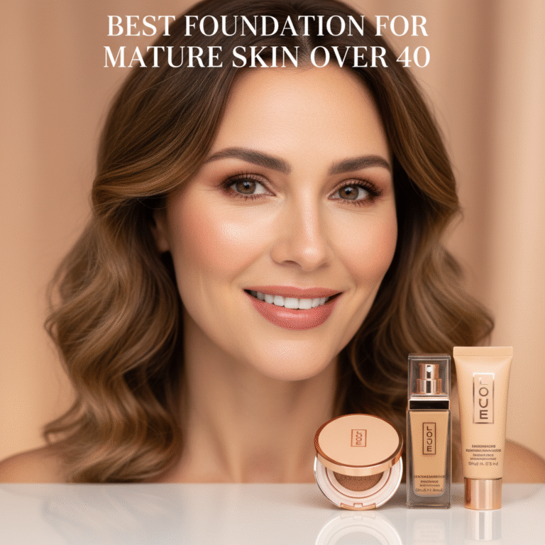 Confident woman over 40 with radiant skin, glowing makeup, and foundations for mature beauty advice.