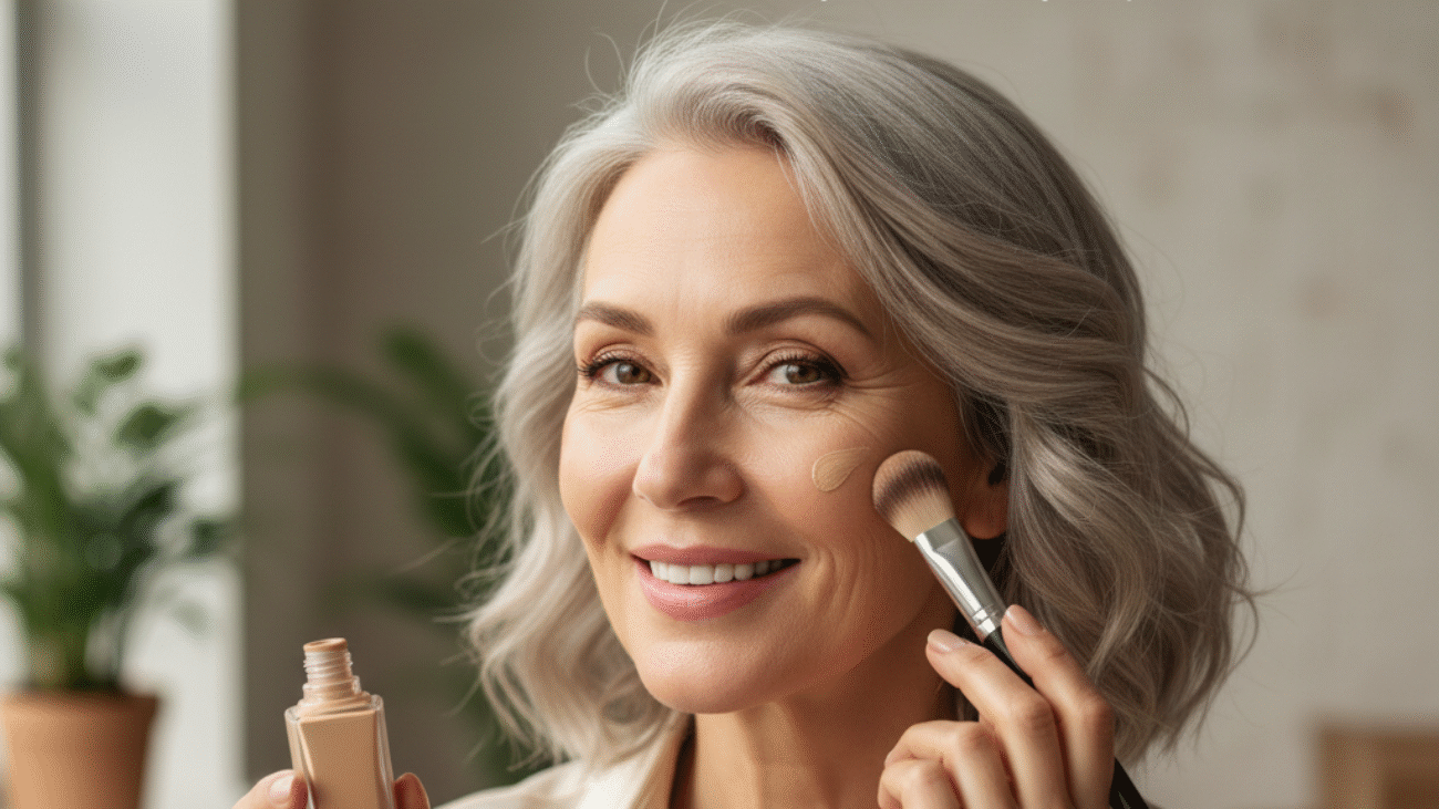 Best Foundation Makeup for Mature Skin Over 60: Elegant woman applying foundation, radiant and confident