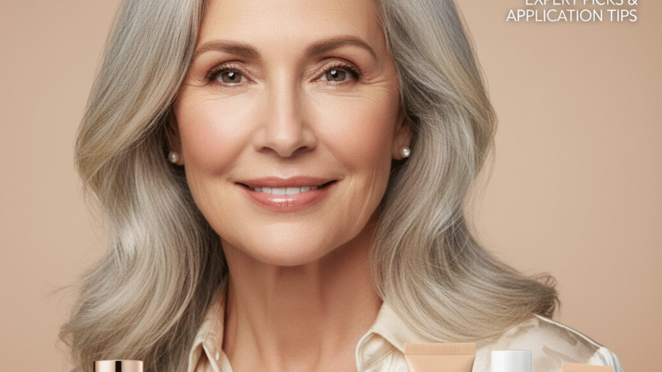 Elegant silver-haired woman over 60 with flawless skin, foundation picks for mature skin on magazine cover.
