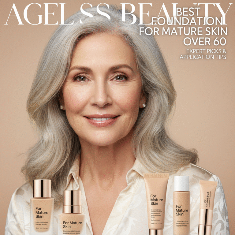 Elegant silver-haired woman over 60 with flawless skin, foundation picks for mature skin on magazine cover.