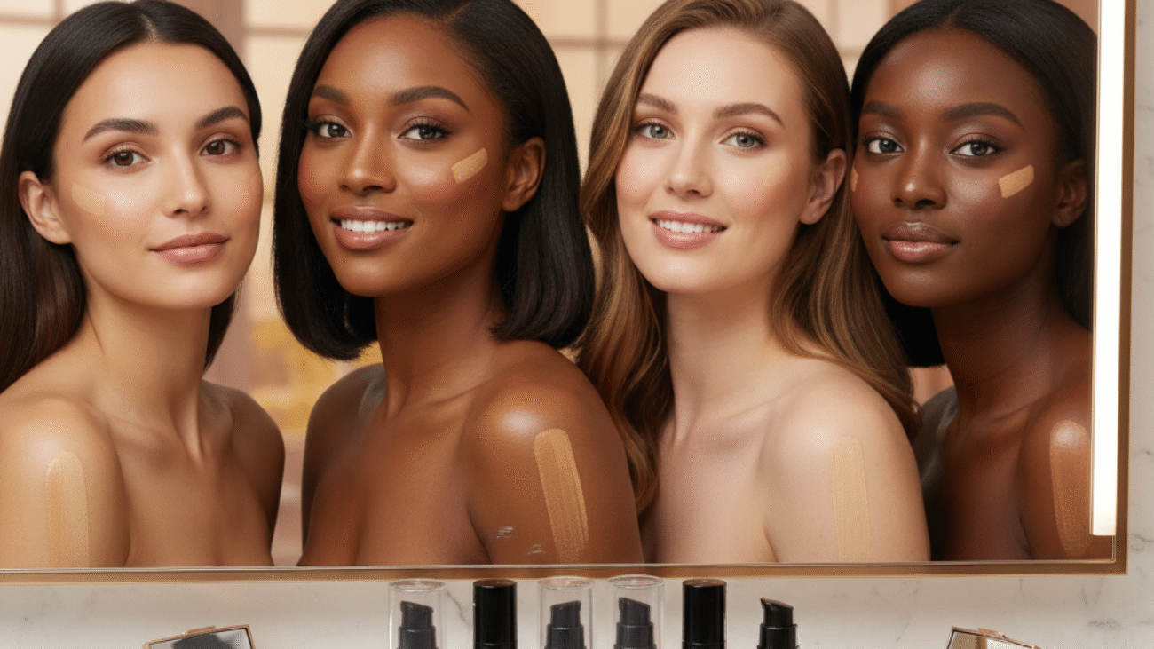 alt_text: Diverse women showcase flawless skin with top drugstore foundations on a stylish, inviting vanity.