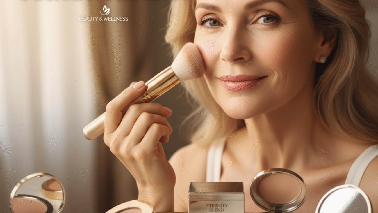 alt_text Elegant mature woman applies powder foundation, showcasing luxury makeup for radiant, flawless mature skin.