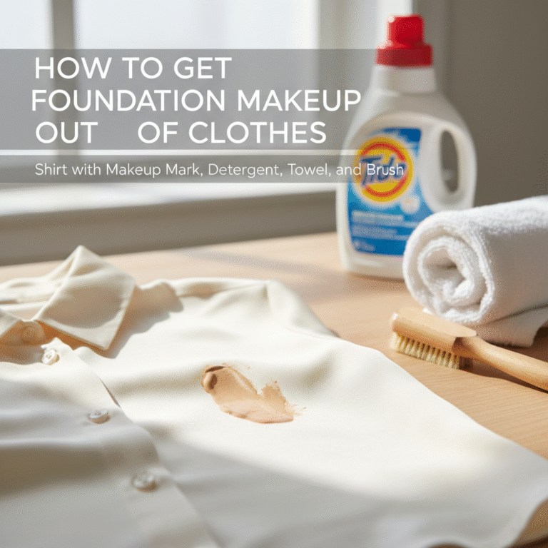 How to remove foundation stains from clothes: shirt with makeup mark, detergent, towel, and brush.