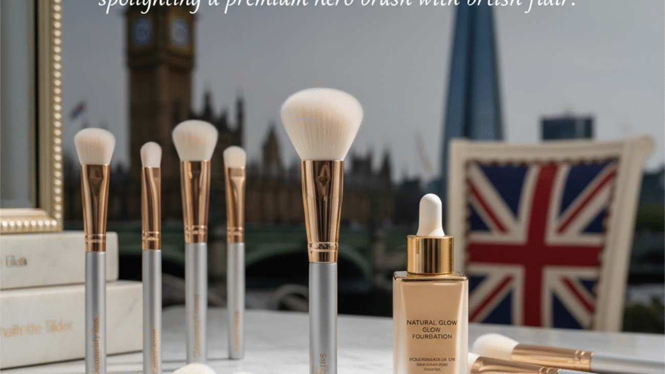 Elegant UK foundation brush display on a vanity, spotlighting a premium hero brush with British flair.