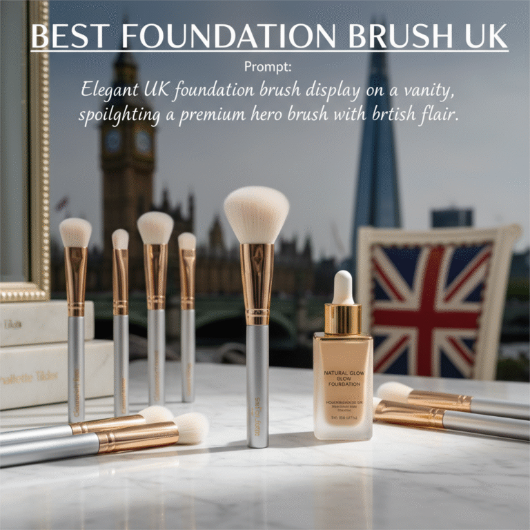 Elegant UK foundation brush display on a vanity, spotlighting a premium hero brush with British flair.