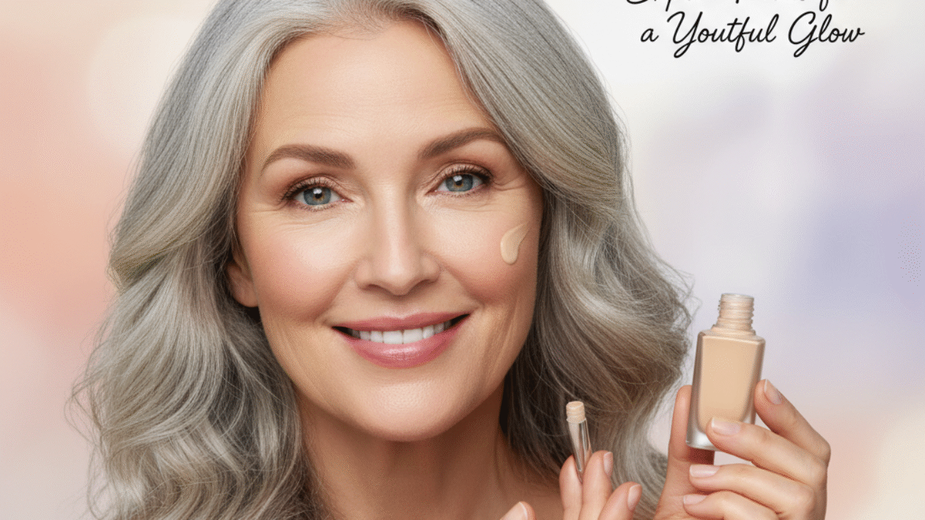 alt_text Radiant mature woman applies foundation, showcasing expert picks for youthful, glowing aging skin.
