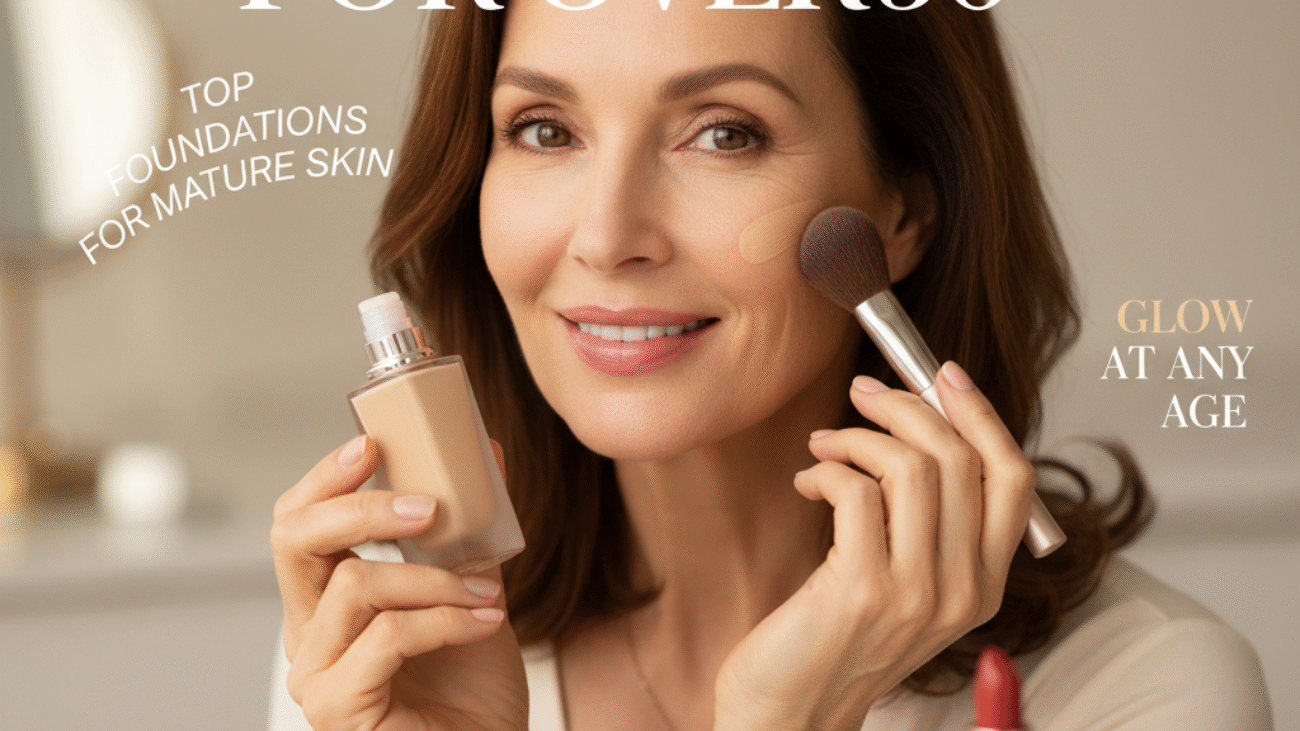Confident mature woman applies foundation, showcasing glowing skin and top makeup tips for over 50.