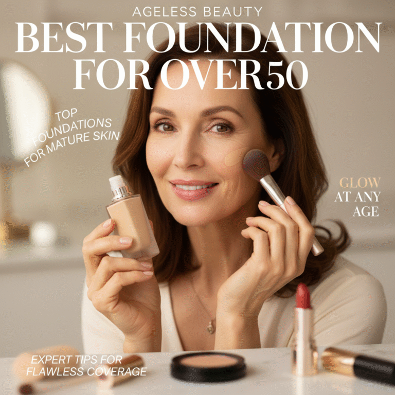 Confident mature woman applies foundation, showcasing glowing skin and top makeup tips for over 50.