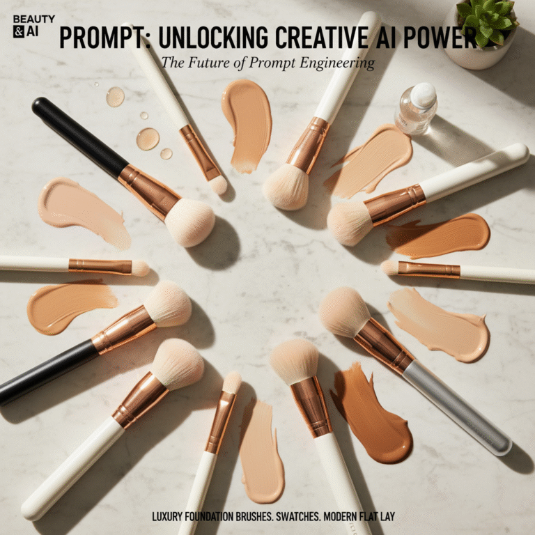 alt_text Luxury foundation brushes with elegant handles and diverse swatches, styled on a chic, modern flat lay.