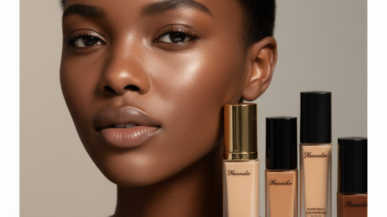 alt_text Flawless-skinned model with matte finish, diverse foundation bottles, and elegant neutral background.