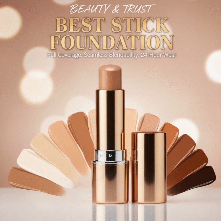 alt_text Sleek stick foundation with inclusive swatches on a glowing magazine cover, highlighting beauty and quality.
