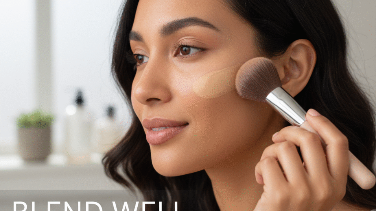 Woman blending foundation with a brush, showing a flawless, glowing finish and easy makeup technique.
