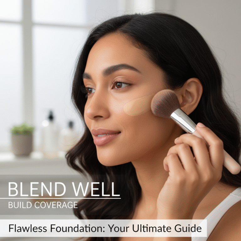 Woman blending foundation with a brush, showing a flawless, glowing finish and easy makeup technique.
