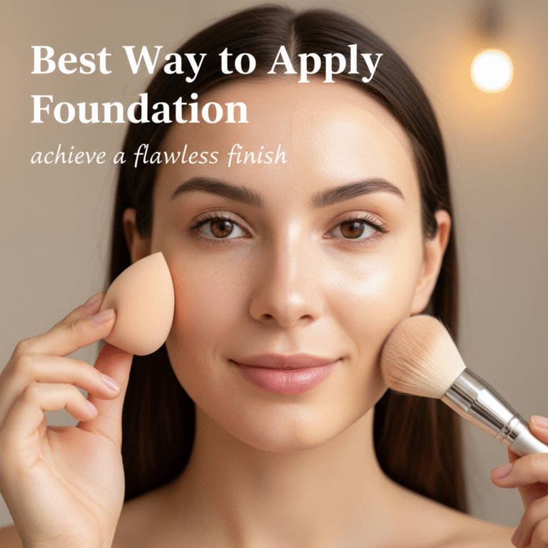 Woman’s face shows foundation application; half bare, half flawless, with brush and sponge tools.